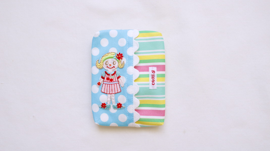 ワッペンティッシュケース☆モニーク/ドット(水色) x カラフルボーダー