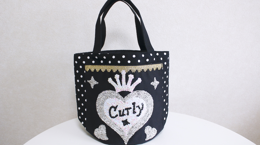 スパンコールポケット付きトートバッグ☆ハート x ドット