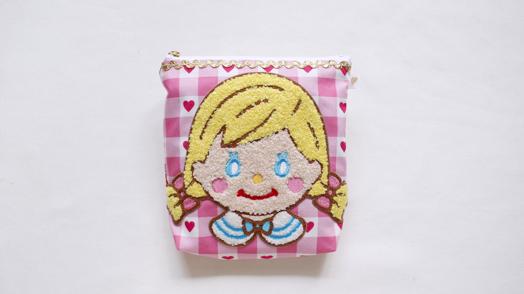 さがらワッペン付きスクエアポーチ☆ピピ / ハートチェック(ピンク)