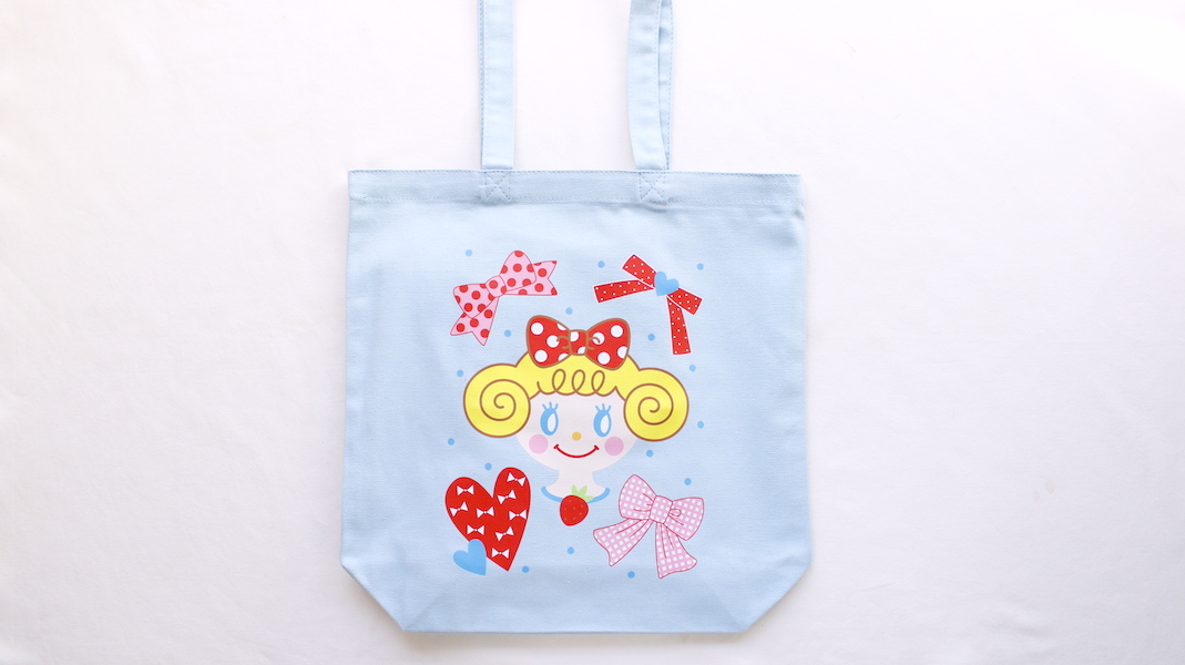 プリントバッグ(M)☆いちごちゃん x リボン/ブルー