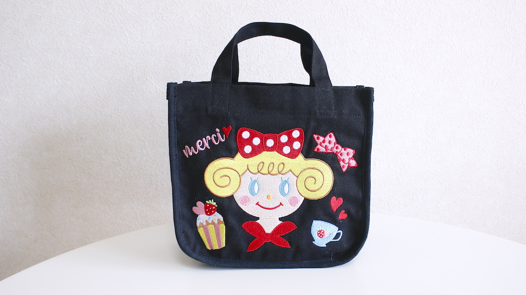 刺繍ミニトート☆いちごちゃん x スウィーツ/ブラック