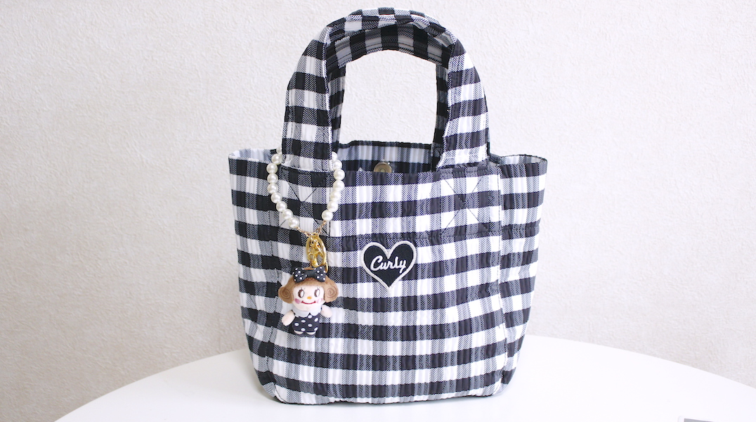 ミニマスコット付きチェックプリントトート☆ブラック