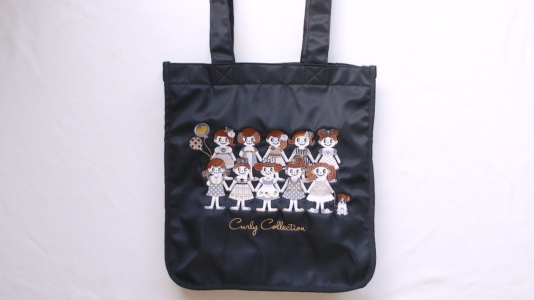 サイドポケット付き刺繍トートバッグ☆カーリーガールズ(モノトーン)/ブラック