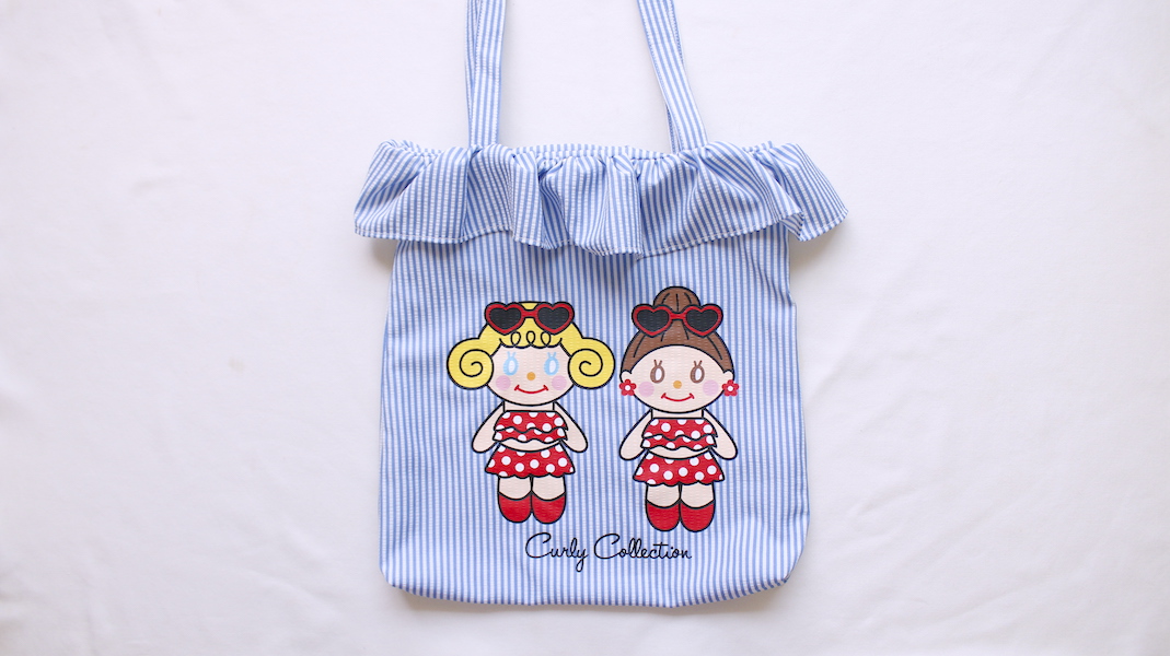 フリルプリントトート☆いちごちゃん＆エヴィ(水着)/ブルーストライプ