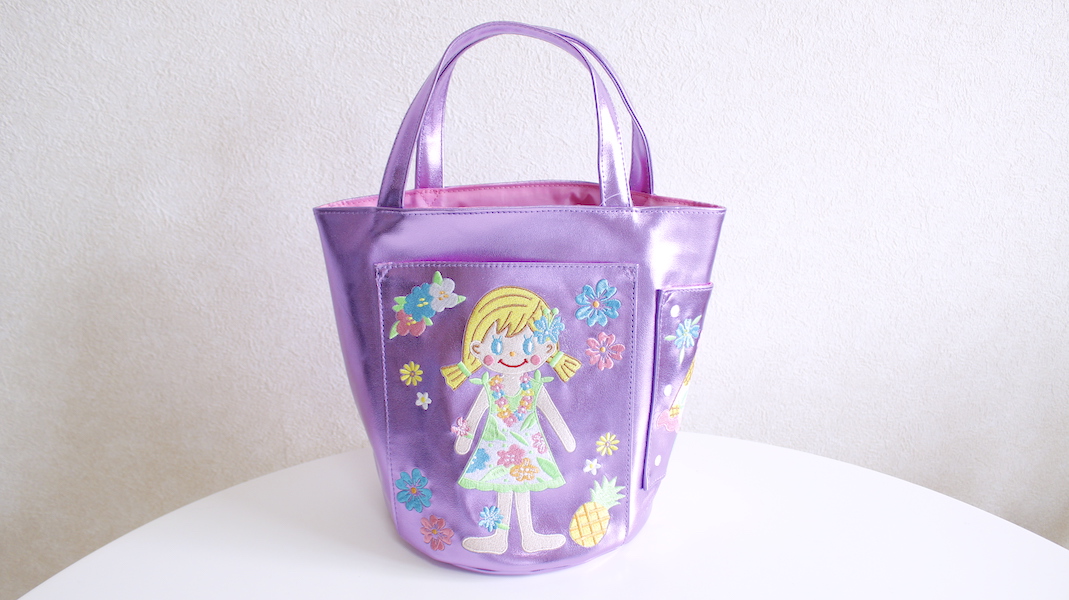 刺繍ポケット付き合皮トートバッグ☆アロハピピ x パープル