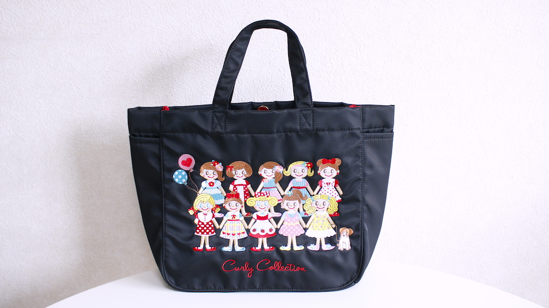 サイドポケット付き刺繍トートバッグ(横長)☆カーリーガールズ(カラフル)/ブラック