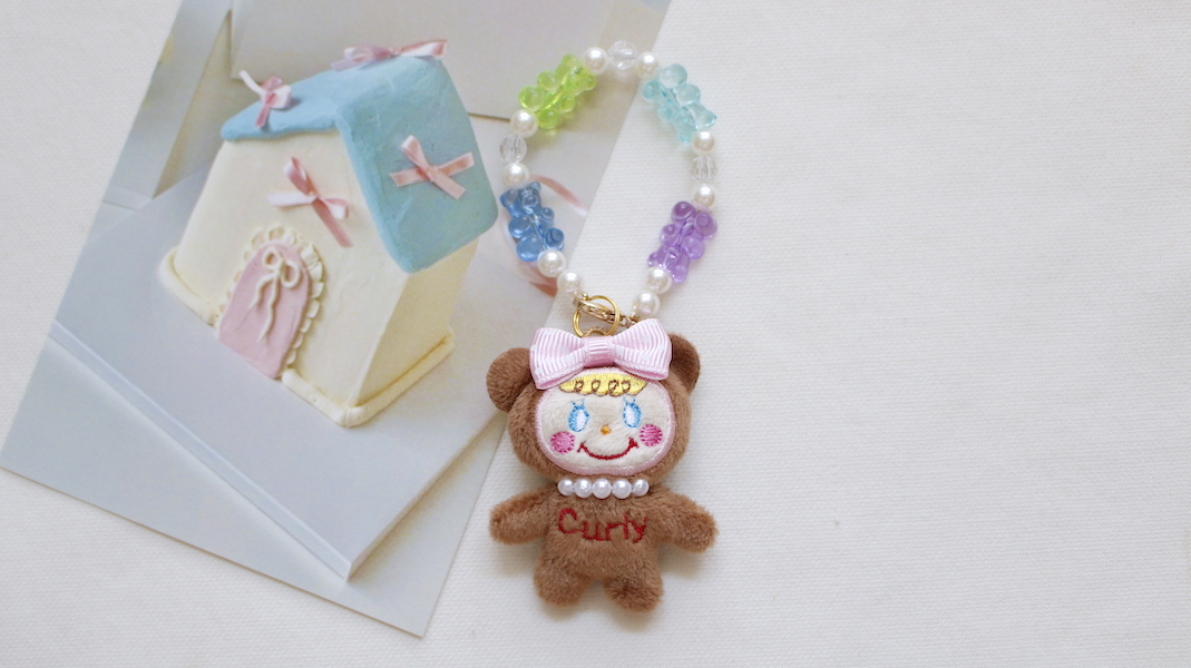 マスコット付きビーズストラップ☆ベアいちごちゃん x ベア(ブルー)