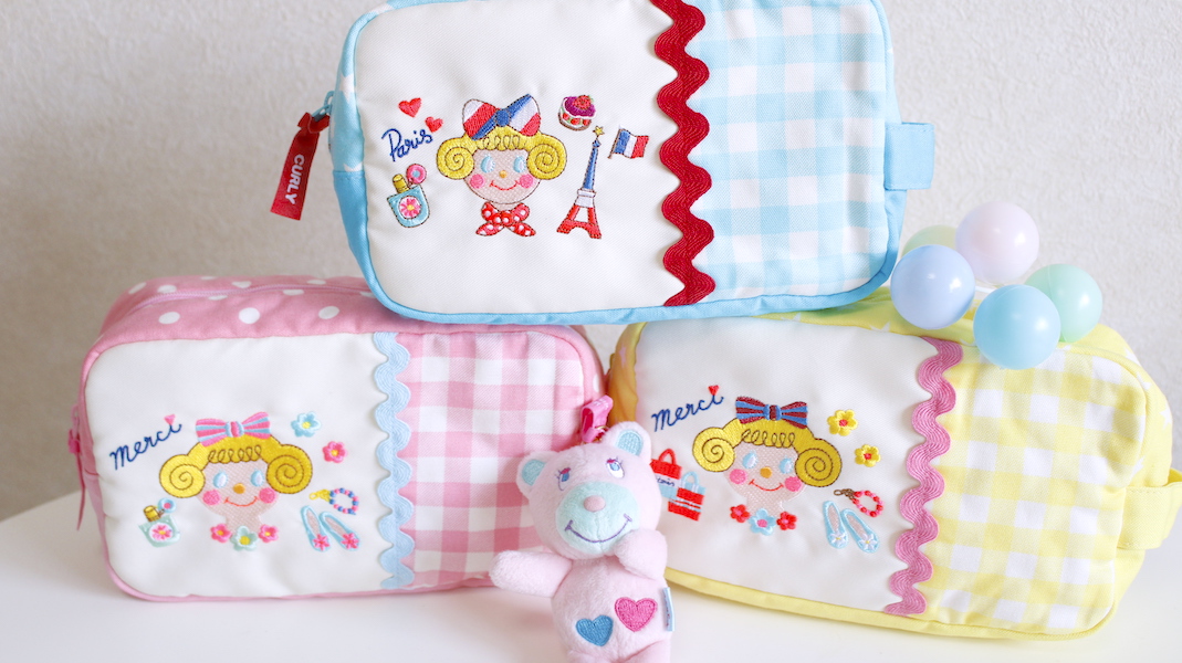 BOX型刺繍ポーチ(S)☆いちごちゃん(merci) x ピンク - カーリー