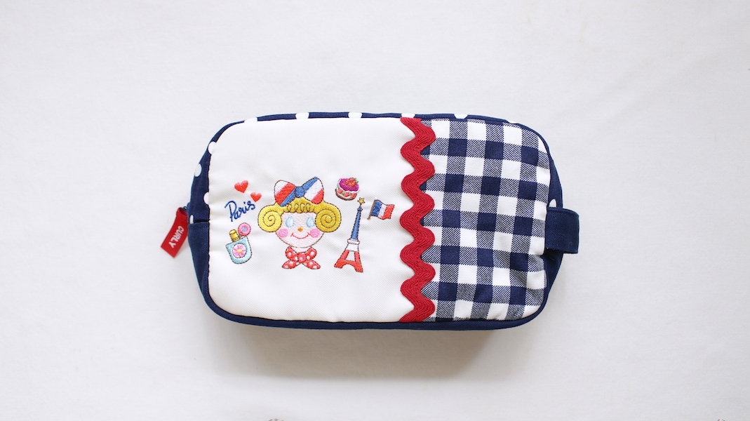 BOX型刺繍ポーチ(S)☆いちごちゃん(paris) x ネイビー