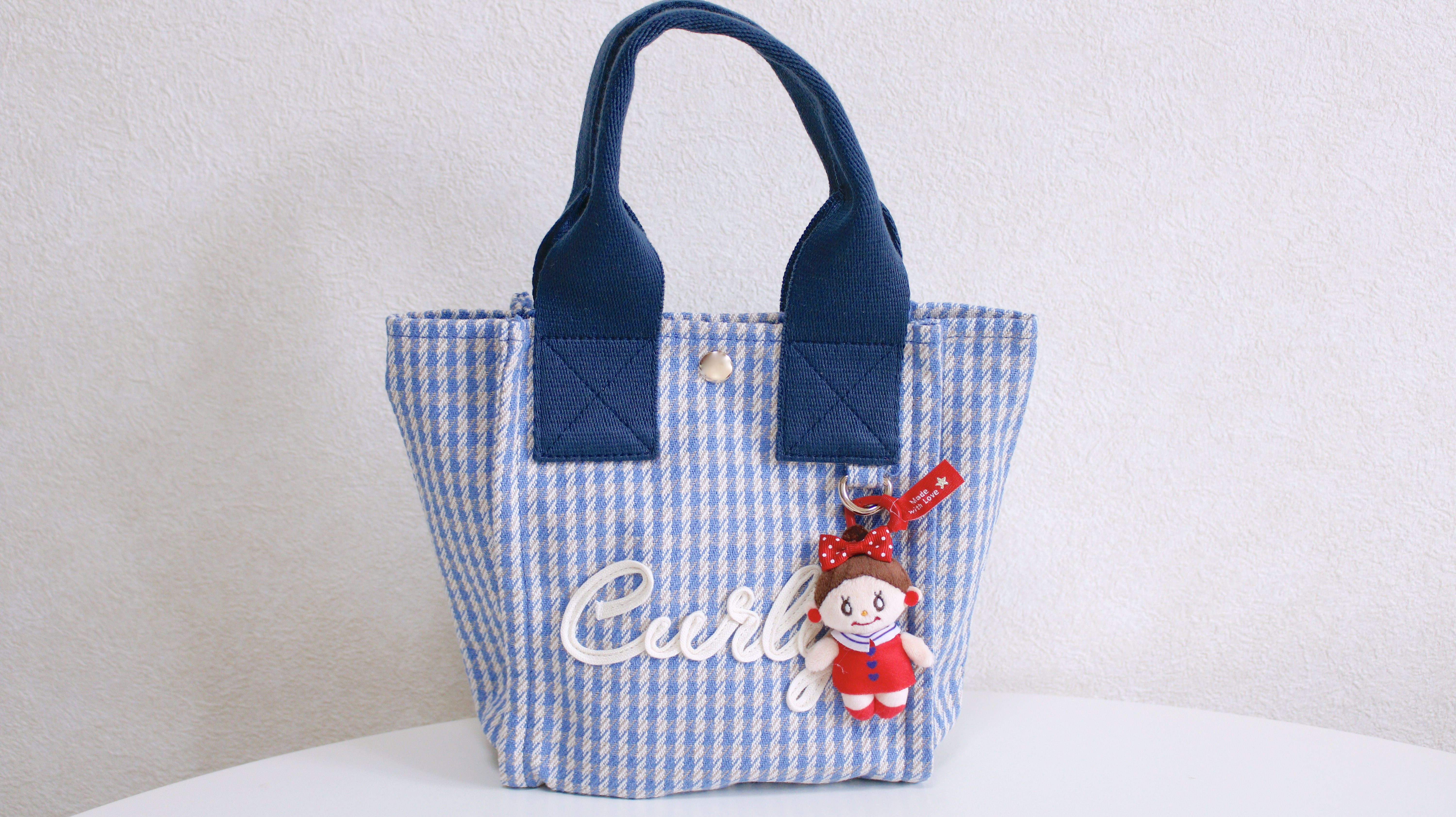 チャーム付きミニトートバッグ(Curly)☆ブルー x エヴィ