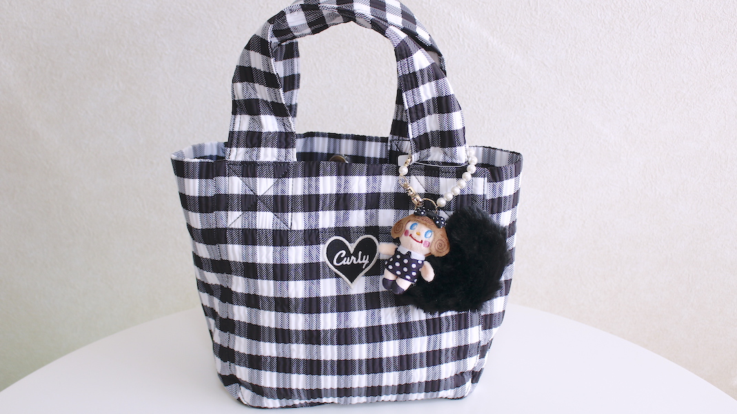 マスコットチャーム付きチェックプリントトート☆ブラック