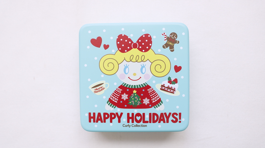 【受注生産商品】Curlyのクリスマスクッキー缶☆いちごちゃんx Happy Holidays／ミントブルー