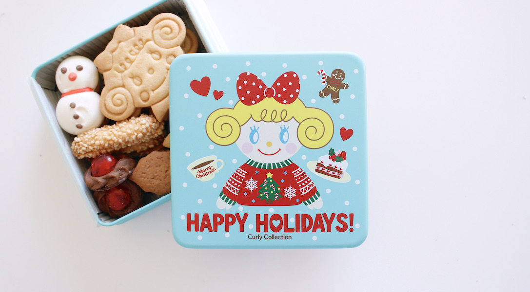 【受注生産商品】Curlyのクリスマスクッキー缶☆いちごちゃんx Happy Holidays／ミントブルー