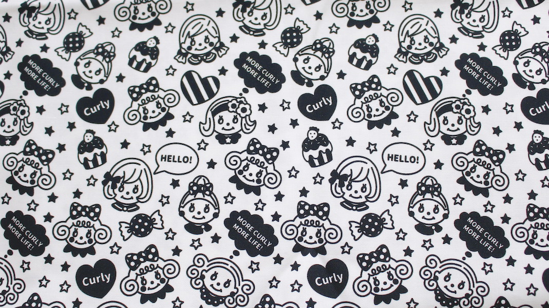 オリジナルファブリック☆HELLO, CURLY GIRLS!(モノクロ)