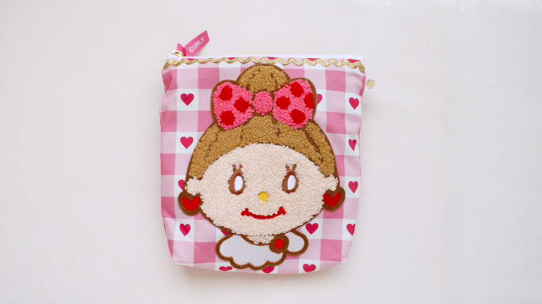 さがらワッペン付きスクエアポーチ☆エヴィ x ハートチェック(ピンク)