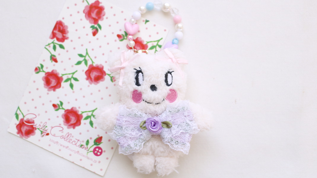 ビーズストラップ付きマスコットポーチ☆マフィン x リボン(パープル)