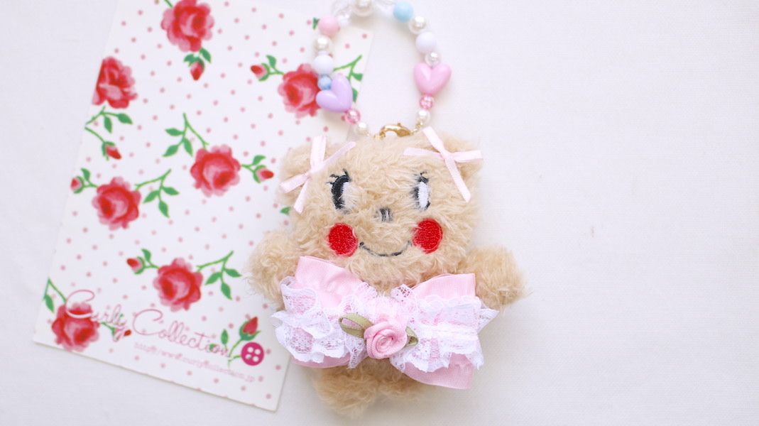 ビーズストラップ付きマスコットポーチ☆モカ x リボン(ピンク)